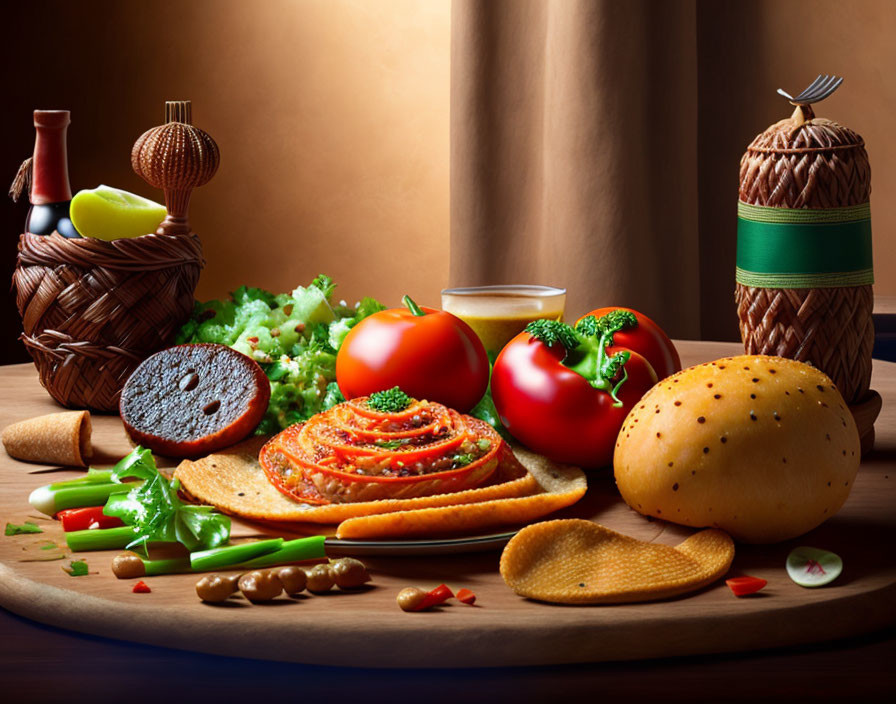 Fresh vegetable, bread, cheese platter, nuts, and bottles on wooden table