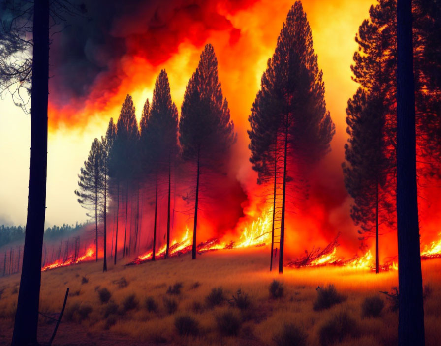 Wildfire engulfs forest with tall flames and thick smoke under orange sky