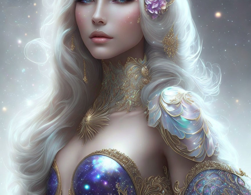 Ethereal female figure with silver hair in cosmic armor and floral adornments