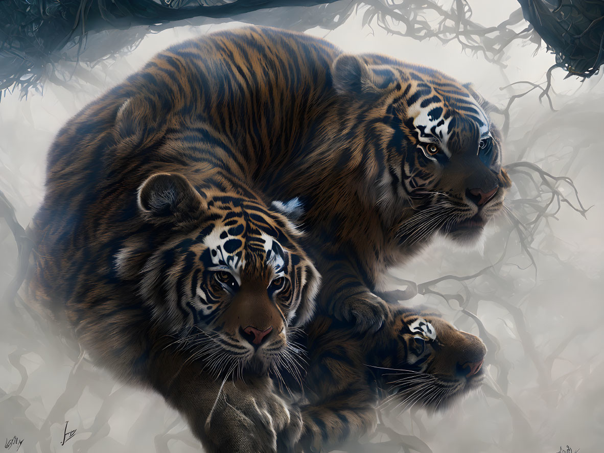 Realistic illustration of two tigers in misty forest