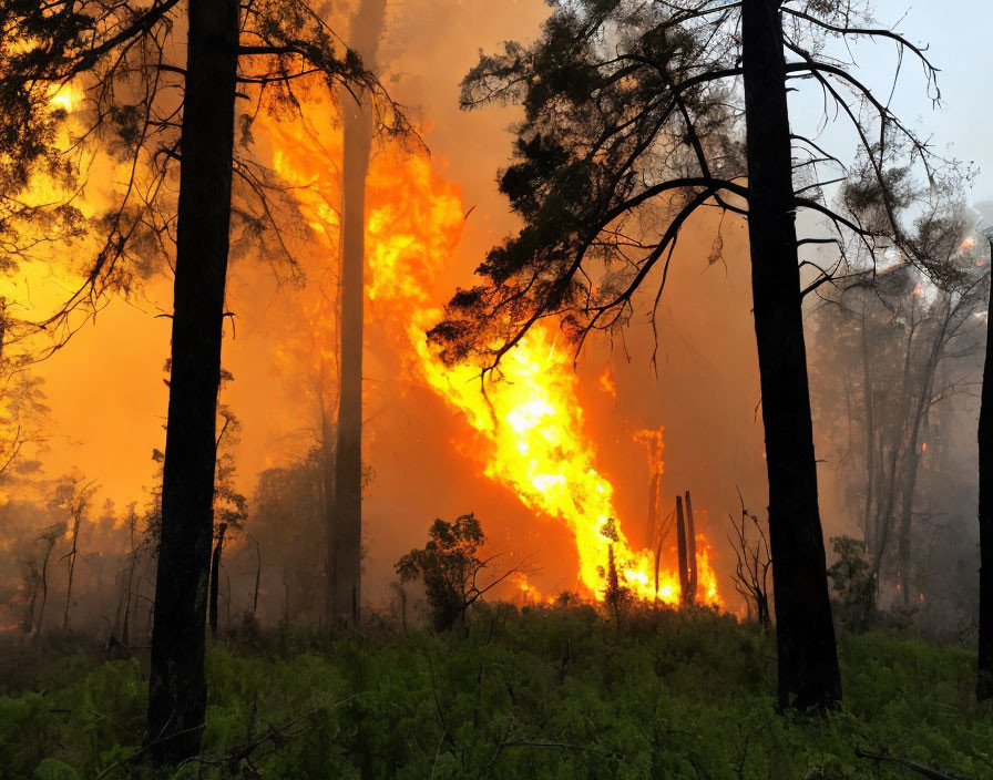 Intense wildfire ravages forest with tall trees ablaze