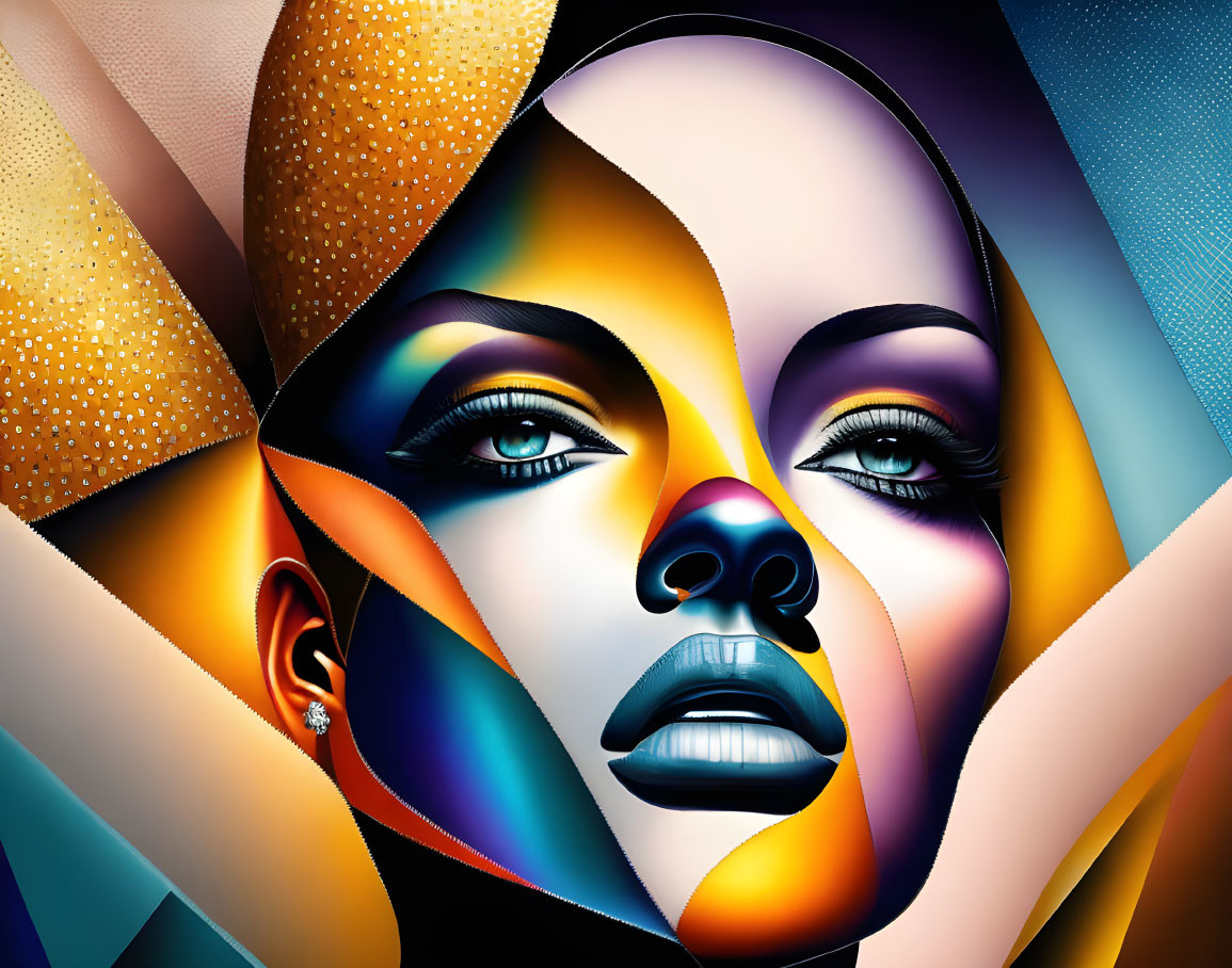 Multicolored geometric patterns on a stylized woman portrait