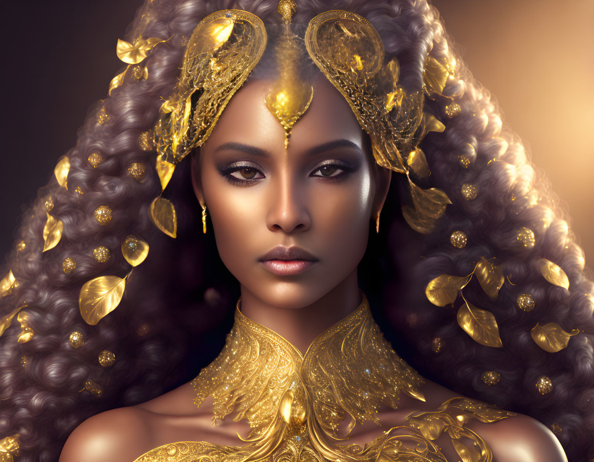 Regal woman adorned with golden headpiece and jewelry