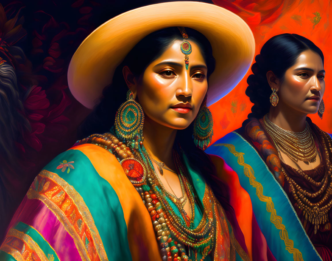 Colorful digital painting of two women in traditional Indian attire & jewelry