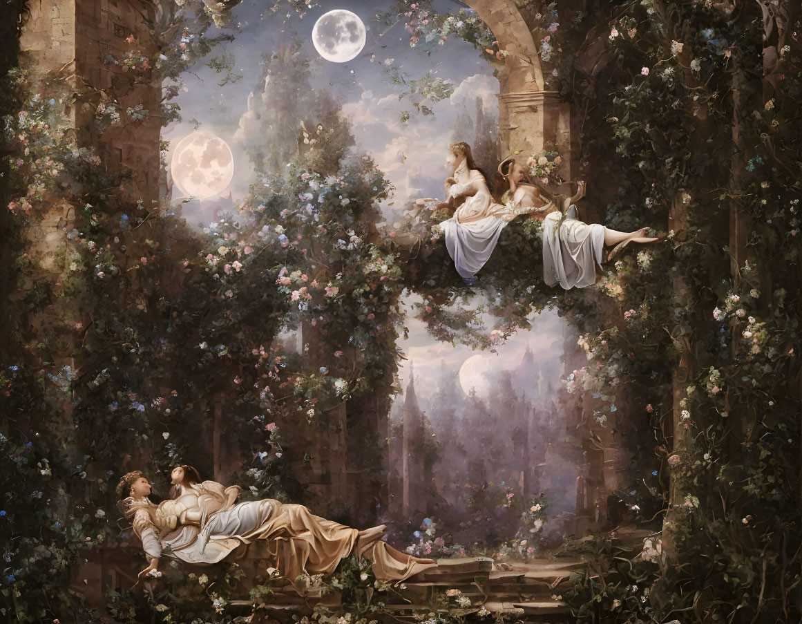 Ethereal artwork of women in flowing dresses among ruins and ivy under twin moons