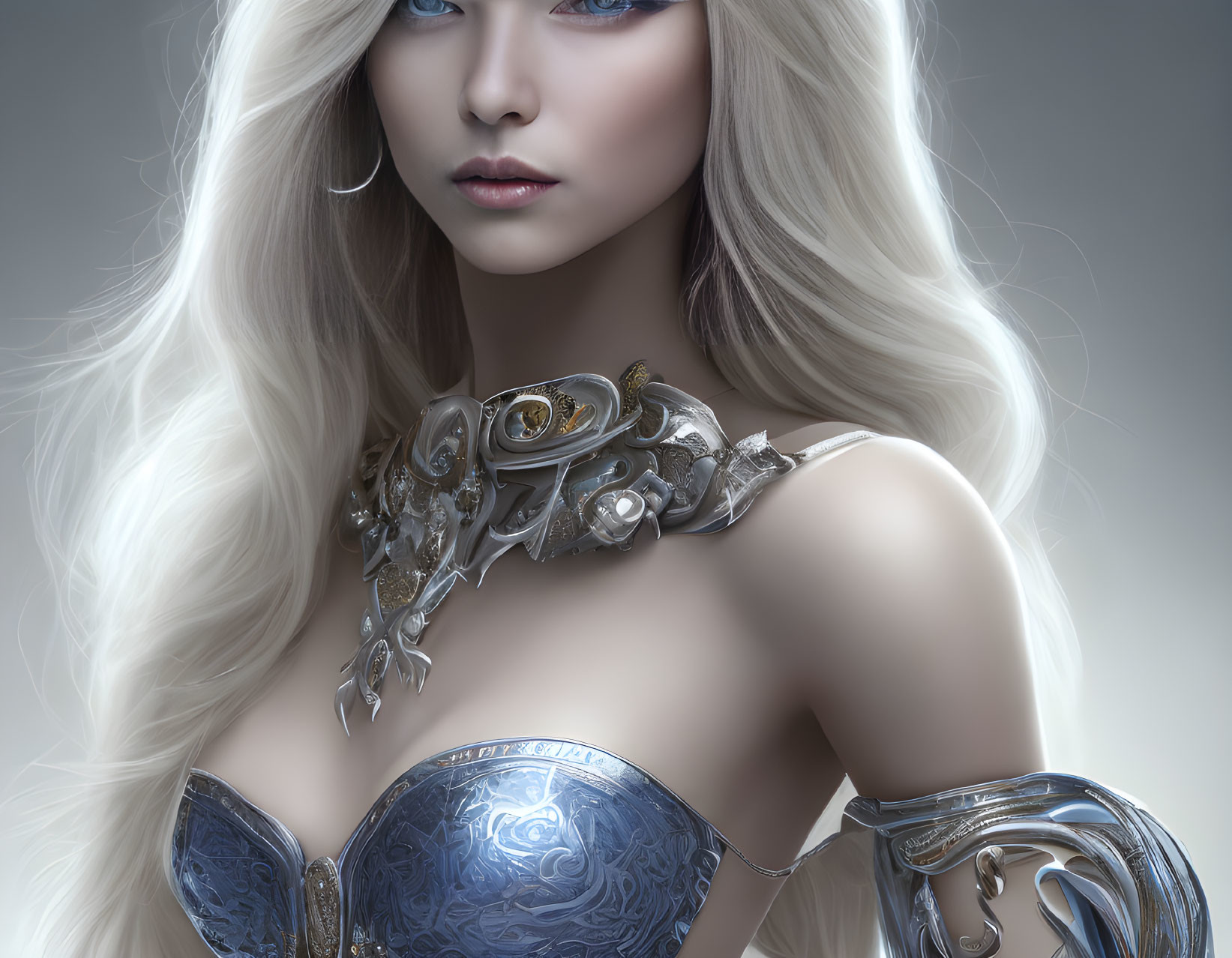 Fantasy Character with Long Blonde Hair and Blue Armor