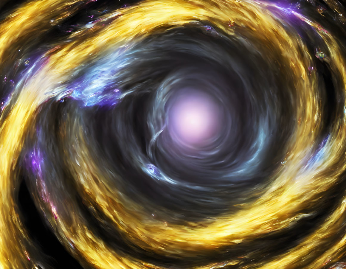 Swirling galaxy with black hole, radiant stars, cosmic clouds in gold, blue, purple