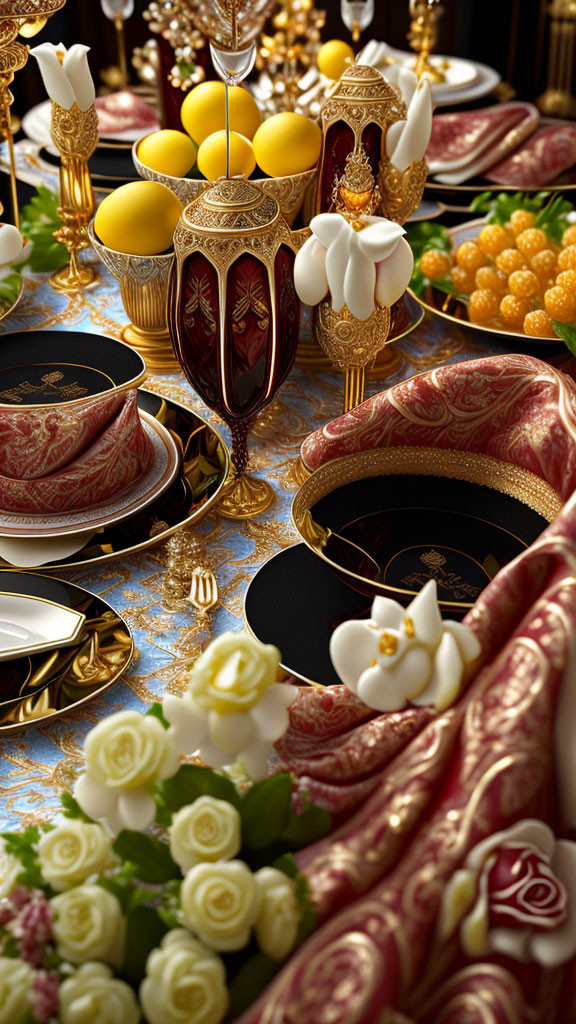 Luxurious banquet setting with golden cutlery, elegant crockery, red and gold fabrics,