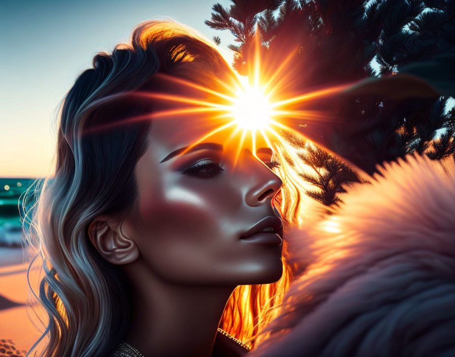 Woman with styled hair and makeup gazing against sunset backdrop with pine branches and sun rays.