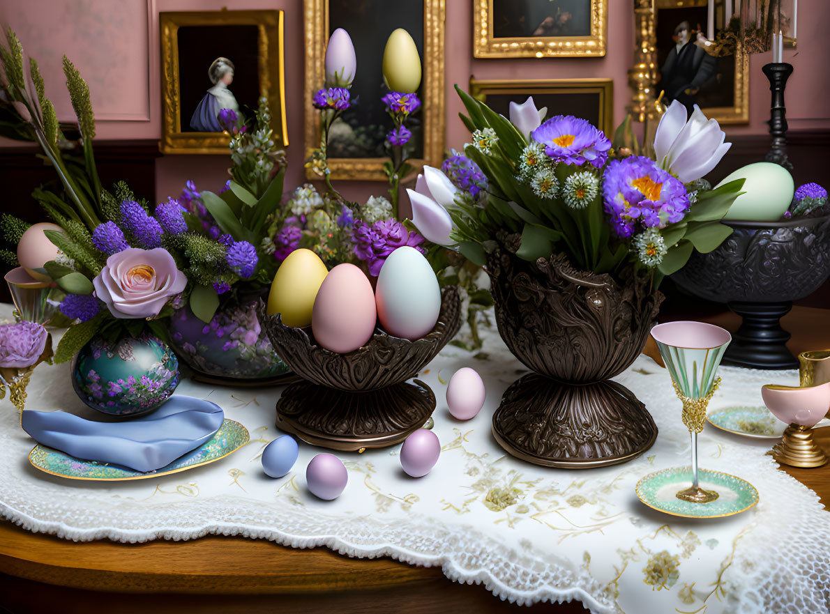 Pastel Easter egg table setting with floral arrangements and classic paintings