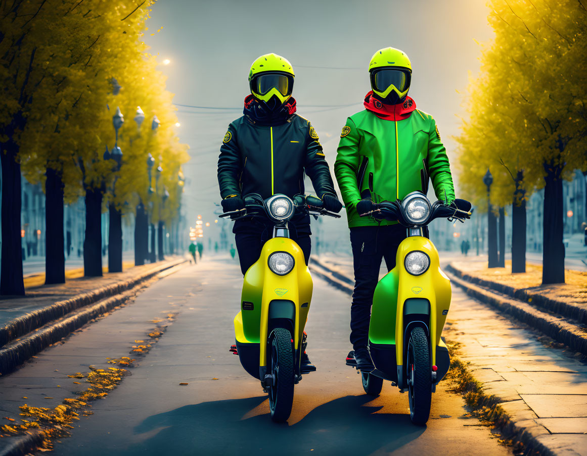 Two people in green jackets on yellow scooters on tree-lined path at dusk