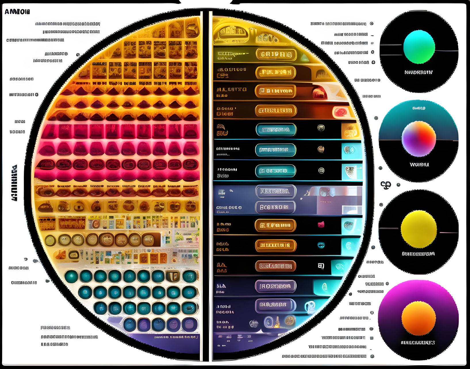 Detailed Periodic Table with Colorful Gradients and Circular Element Charts