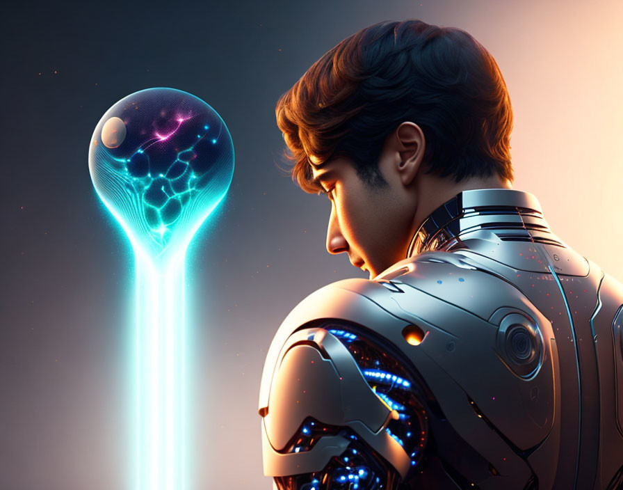 Male humanoid robot gazes at cosmic orb with glowing patterns