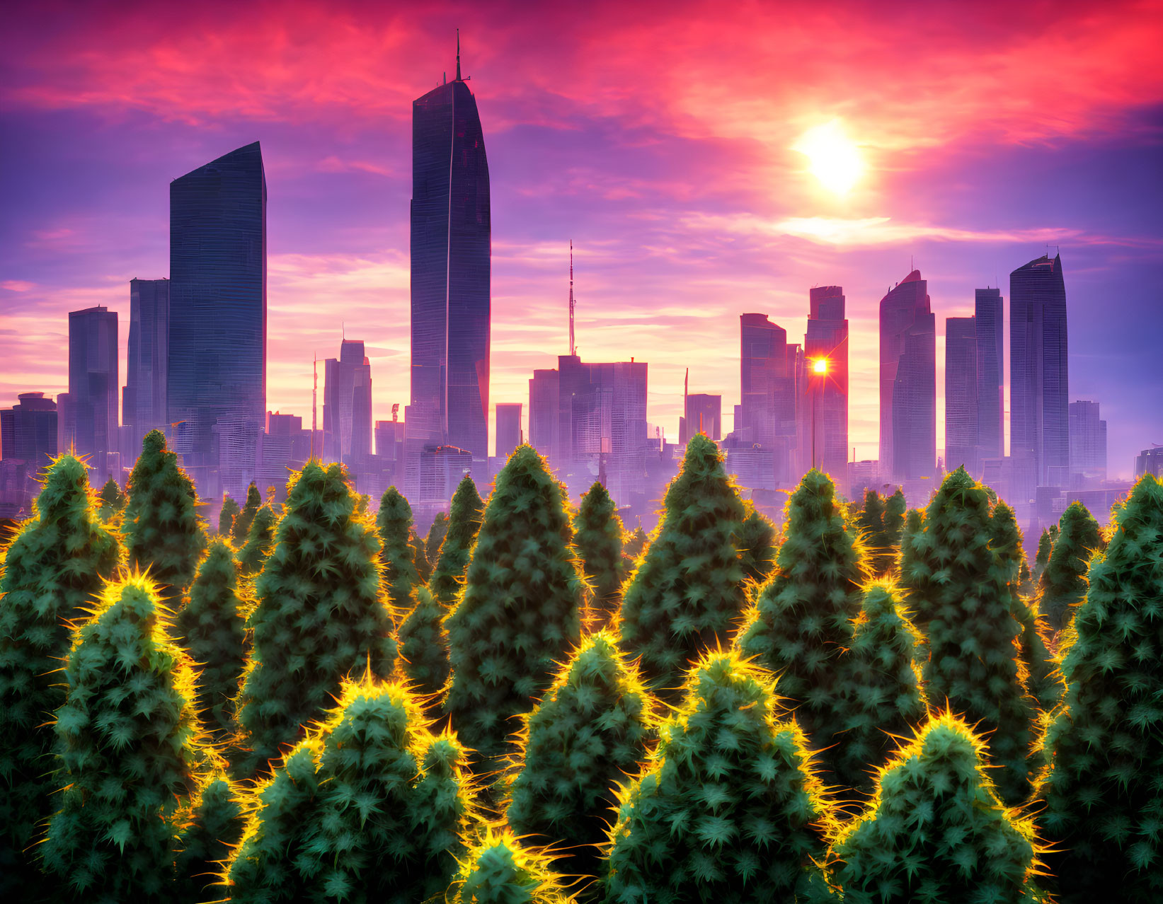 Vibrant sunset behind city skyscrapers and lush green trees