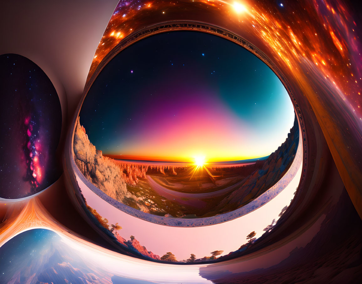 Surreal panoramic landscape with starry sky, sunset, and cosmic elements in Möbius loop