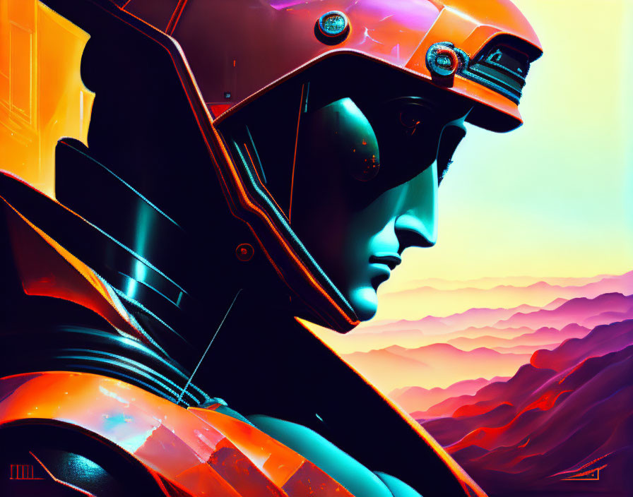 Futuristic astronaut in vibrant orange helmet on alien world with pink and purple hills