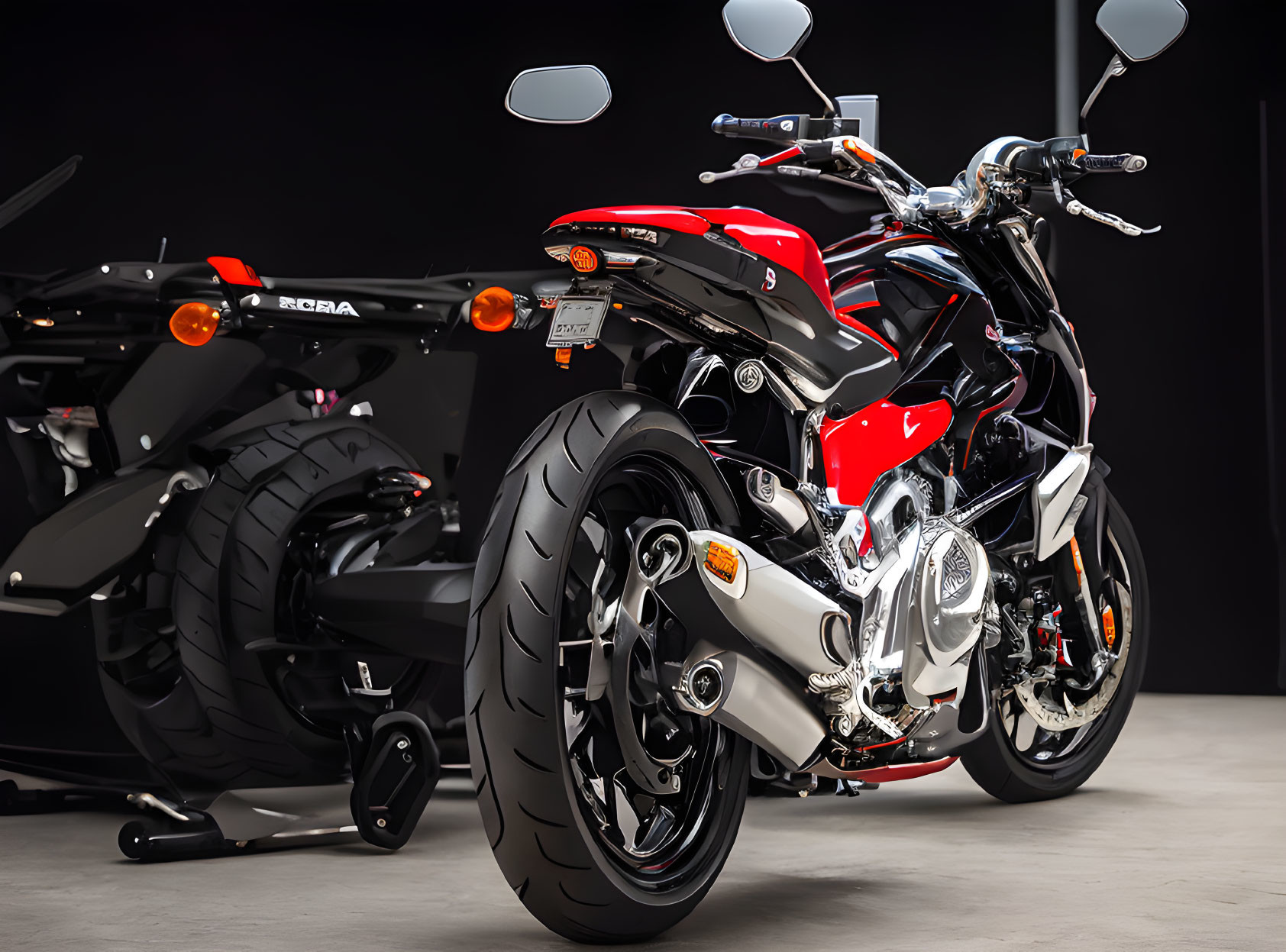 Black Motorcycle with Red and White Details on Reflective Surface