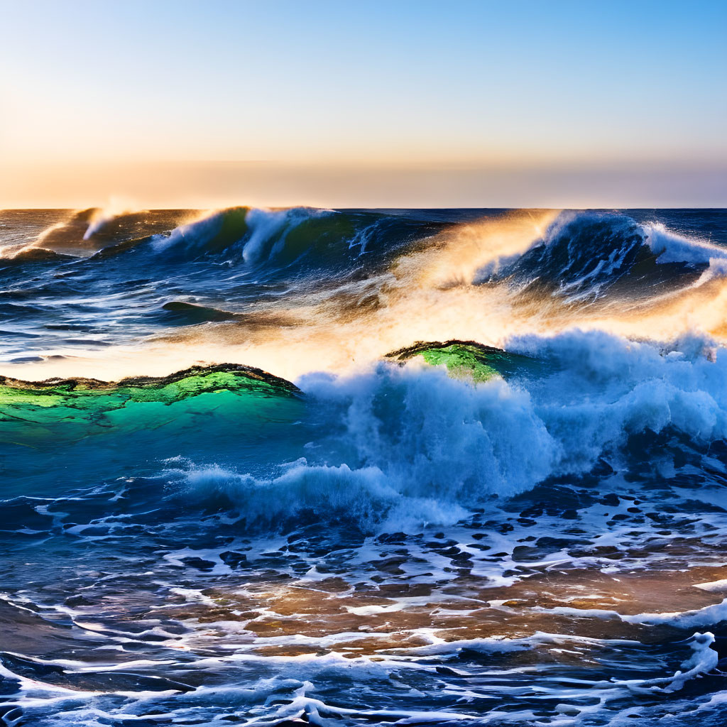 Vibrant turquoise ocean waves under warm sunset light