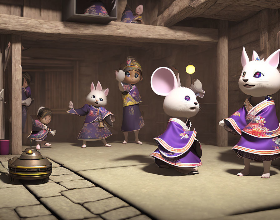 Anthropomorphic mice in Japanese attire dancing in wooden room with baby mouse.