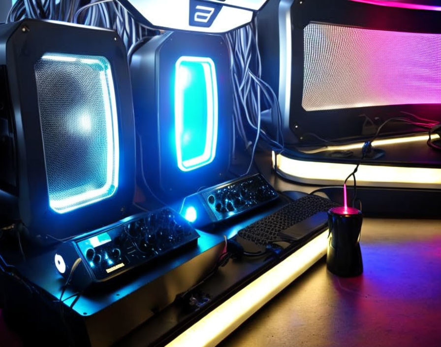 LED-lit Speakers, Keyboard, and Multi-Monitor Setup with Ambient Backlighting