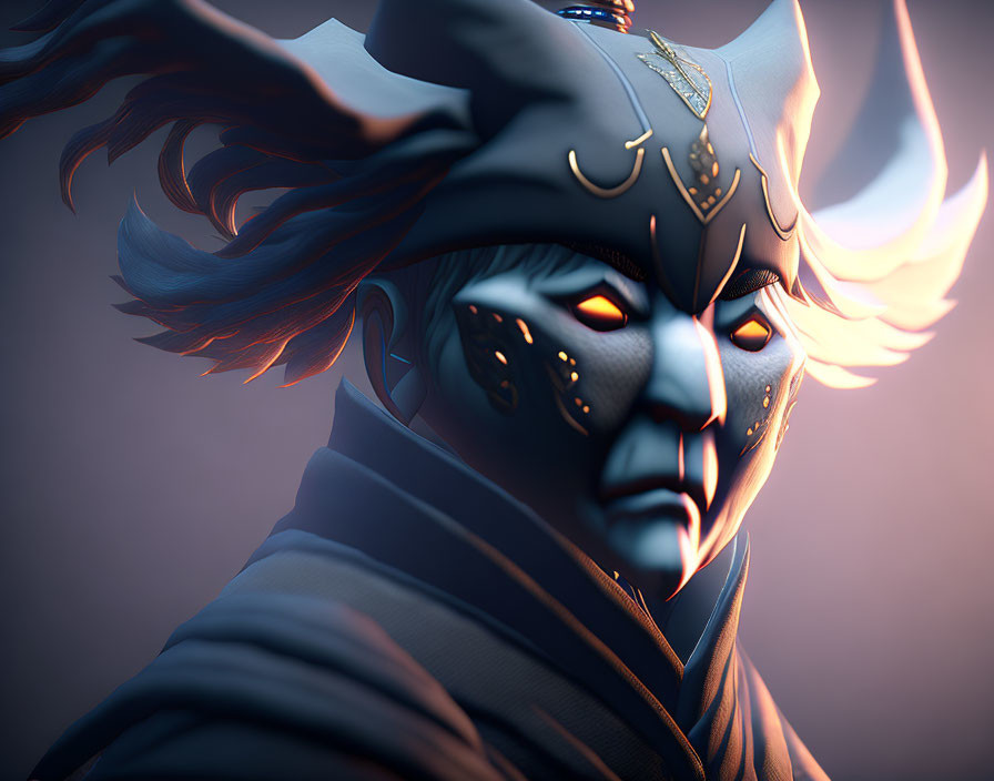 Menacing character with fiery red eyes and horned helmet in 3D illustration