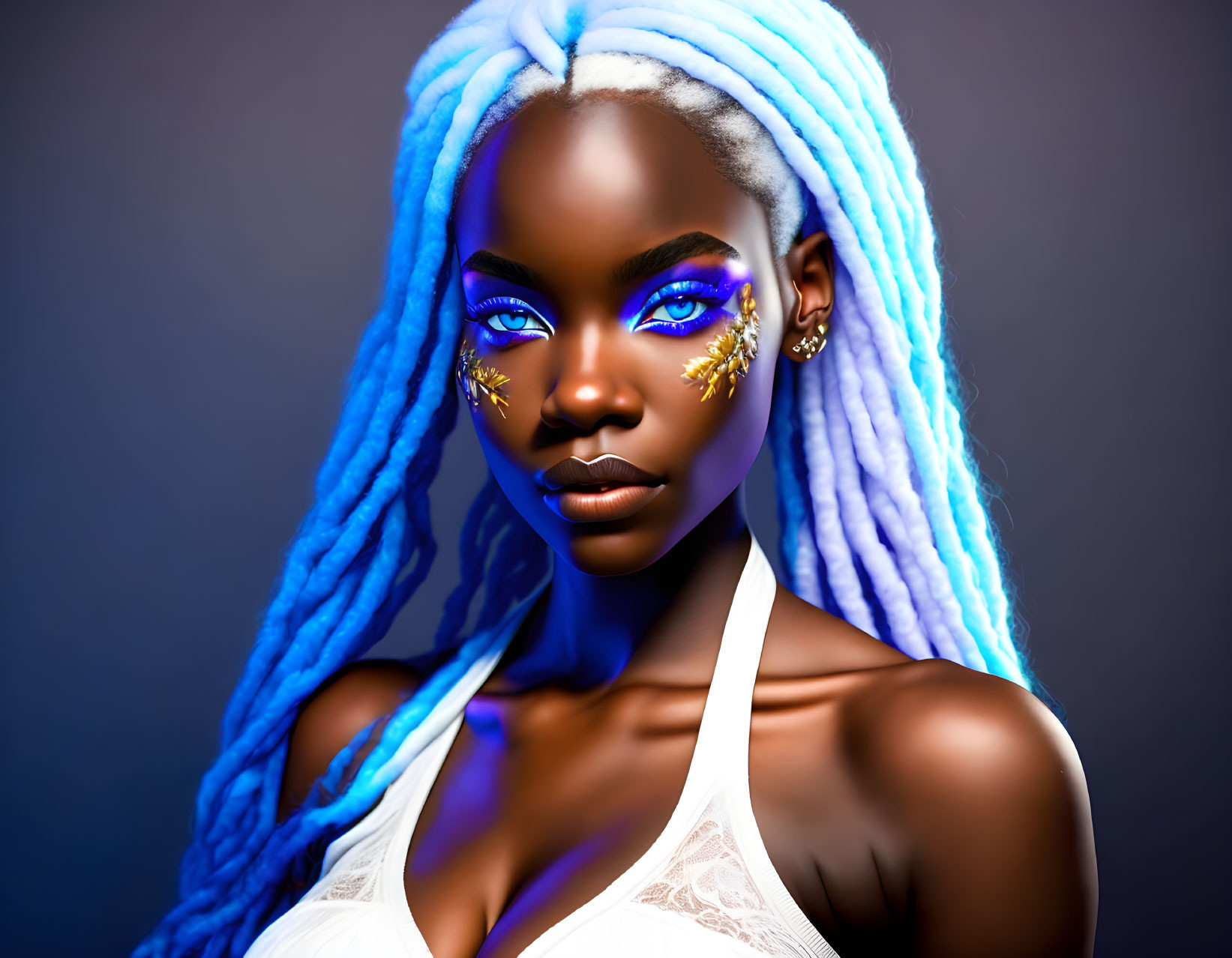 Woman with blue makeup, braids, and golden lash decorations in white top.