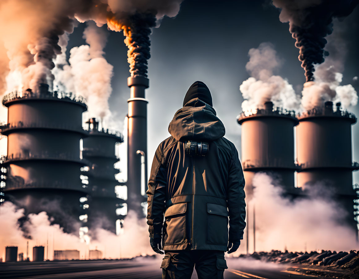 Hooded figure views industrial pollution under dramatic sky