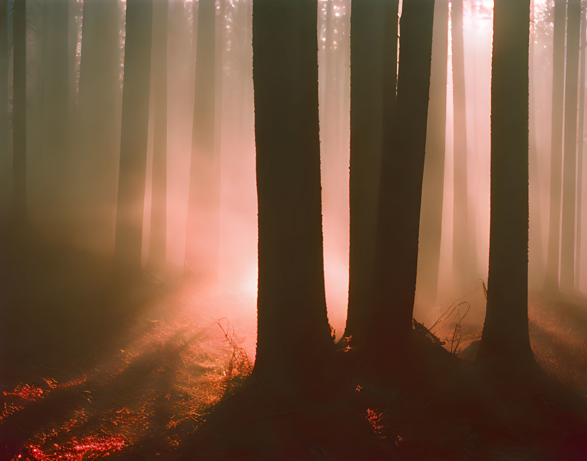 Enchanted forest with sunbeams through fog and tall trees