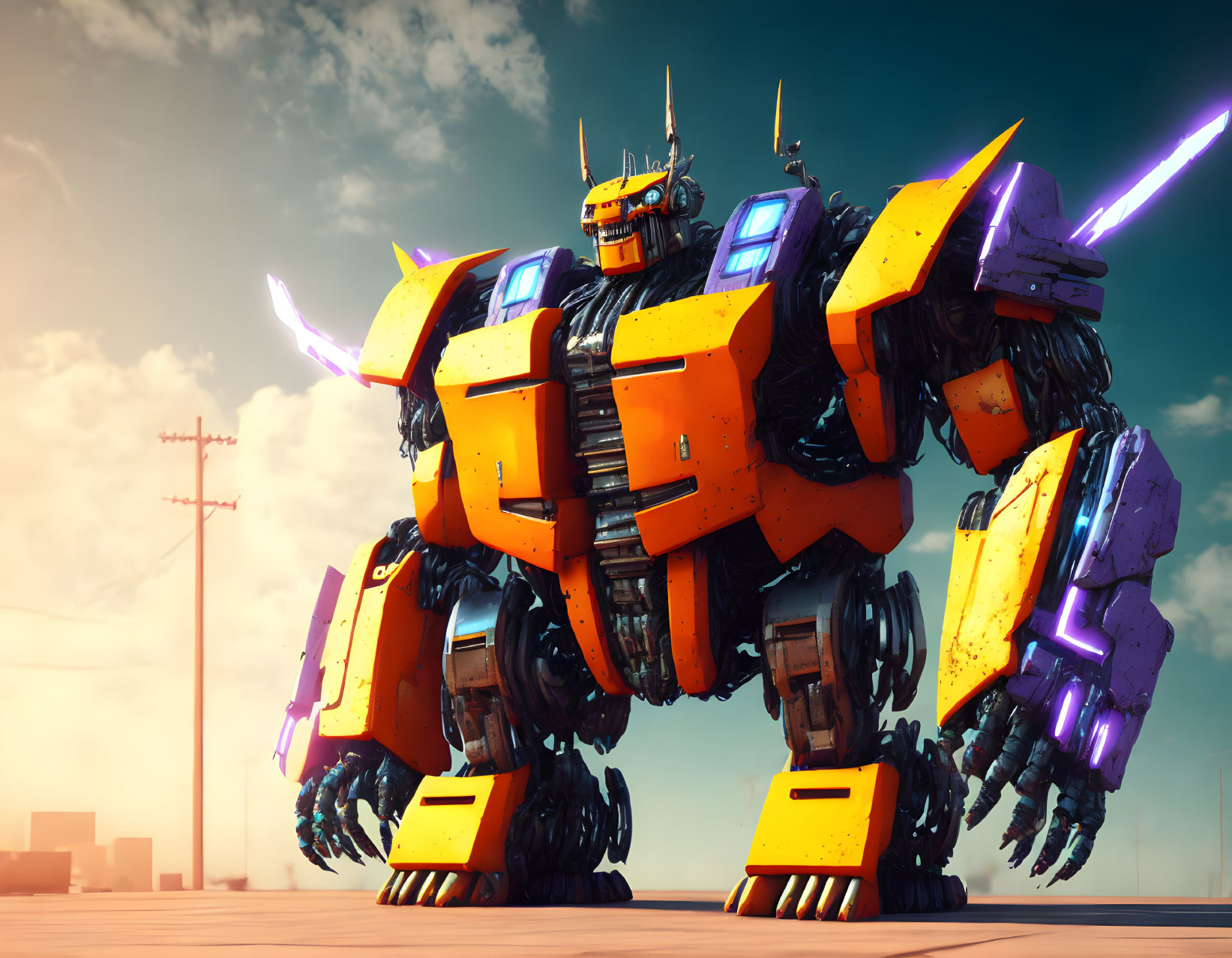 Giant yellow and purple robot with glowing energy swords under blue sky