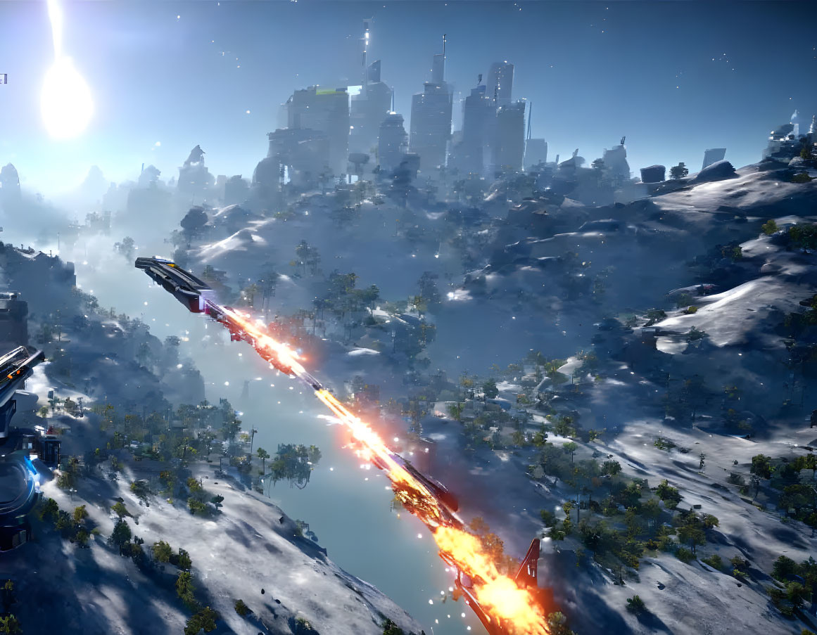 Futuristic cityscape with skyscrapers, snow-covered surroundings, and spaceship in action