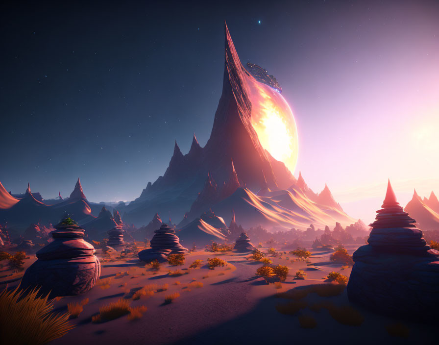 Surreal dusk landscape with glowing mountain peaks & starry sky