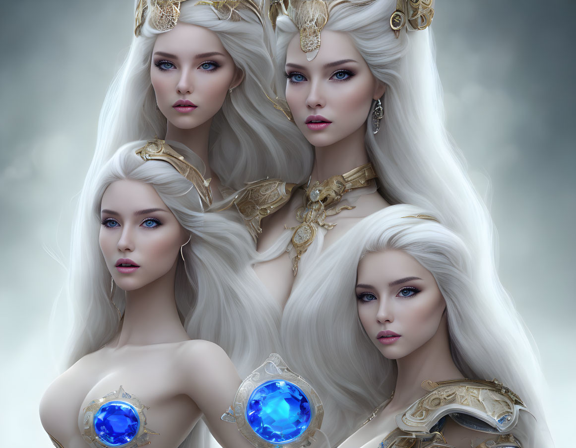 Four female fantasy characters in golden crown armor with blue gemstones on pale skin and white hair, set