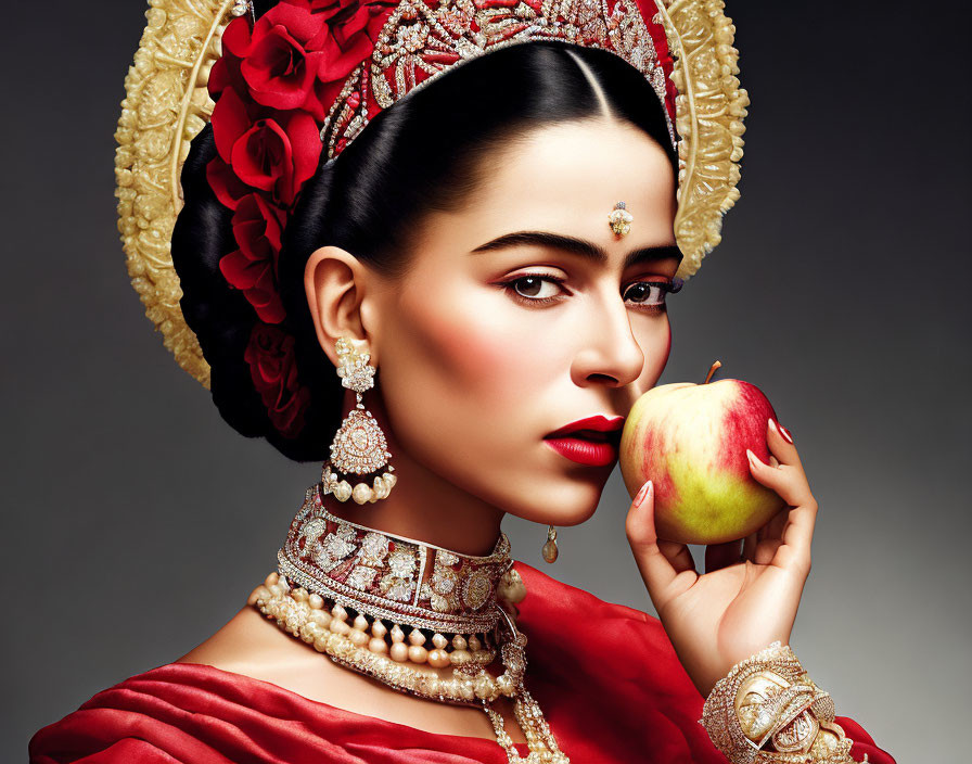 Traditional South Asian woman with apple and red flowers in hair on grey background