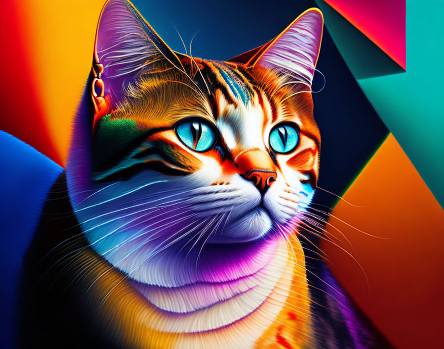 Colorful stylized cat with blue eyes on geometric background