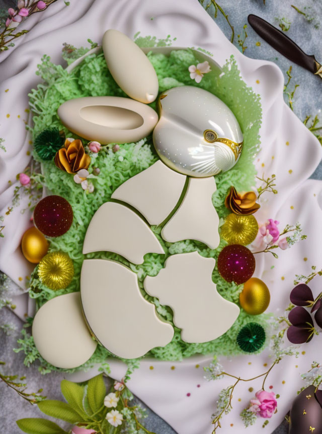 Decorative Easter Bunny with Broken Shell Pieces, Eggs, Flowers, and Cloth