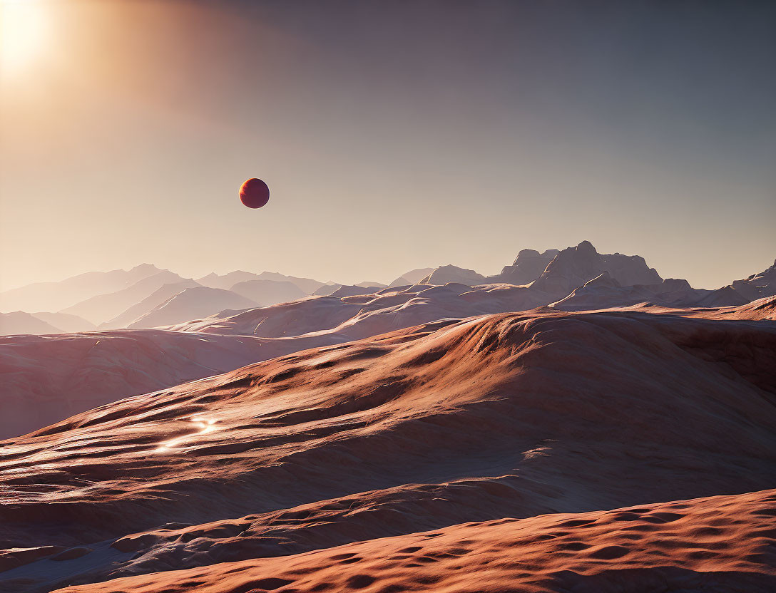 Majestic red sand dunes and eclipsed sun in surreal landscape