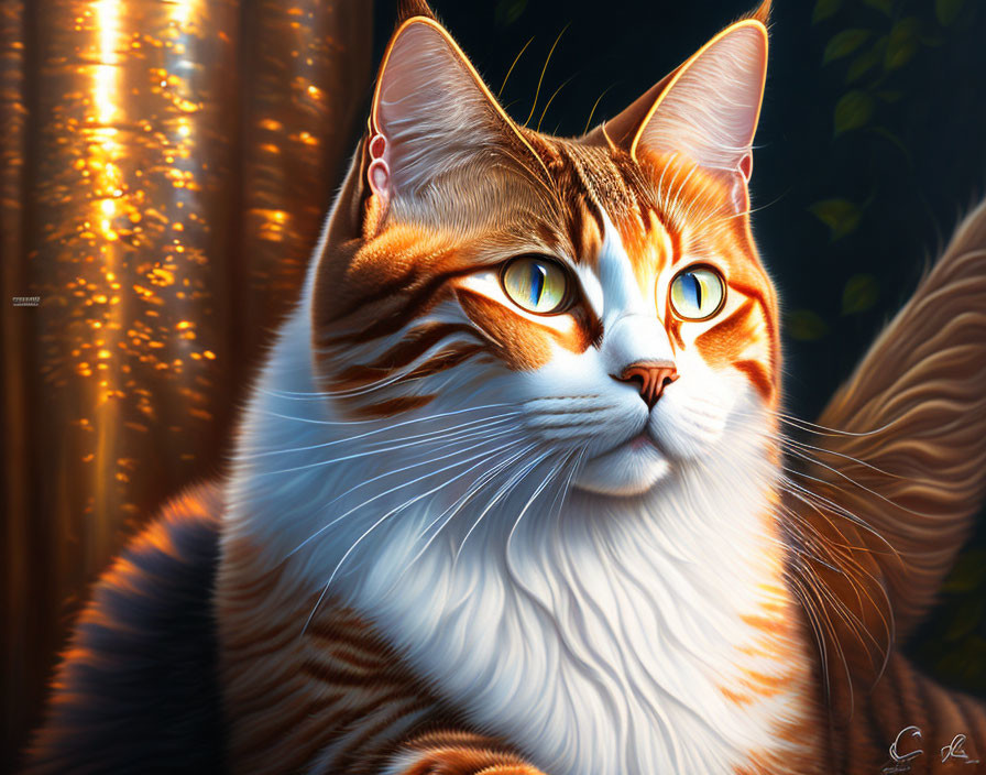 Orange and White Cat with Green Eyes in Warm Light Against Dark Background