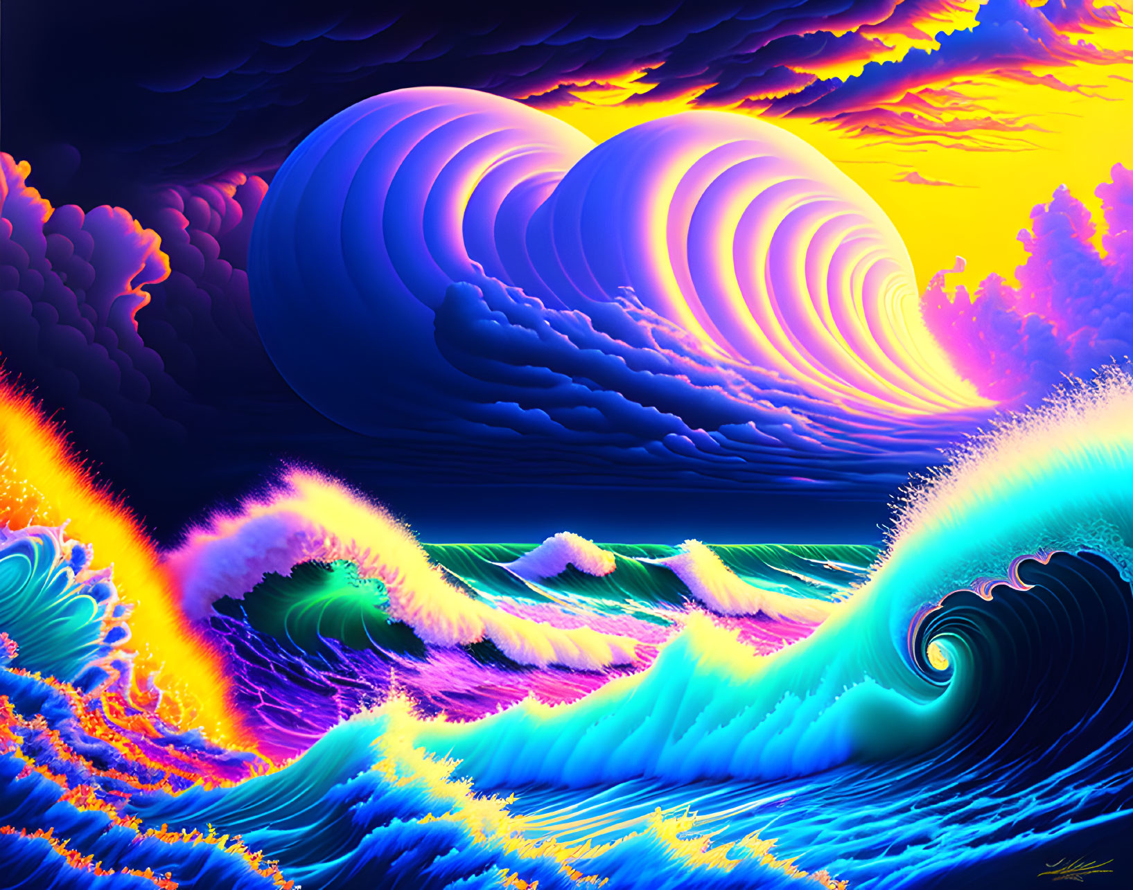 Colorful Ocean Waves Artwork with Neon-Lit Seascape