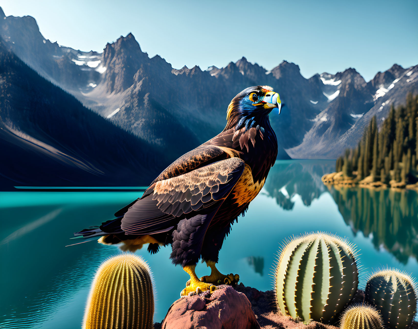 Majestic eagle on rock with cacti by serene mountain lake