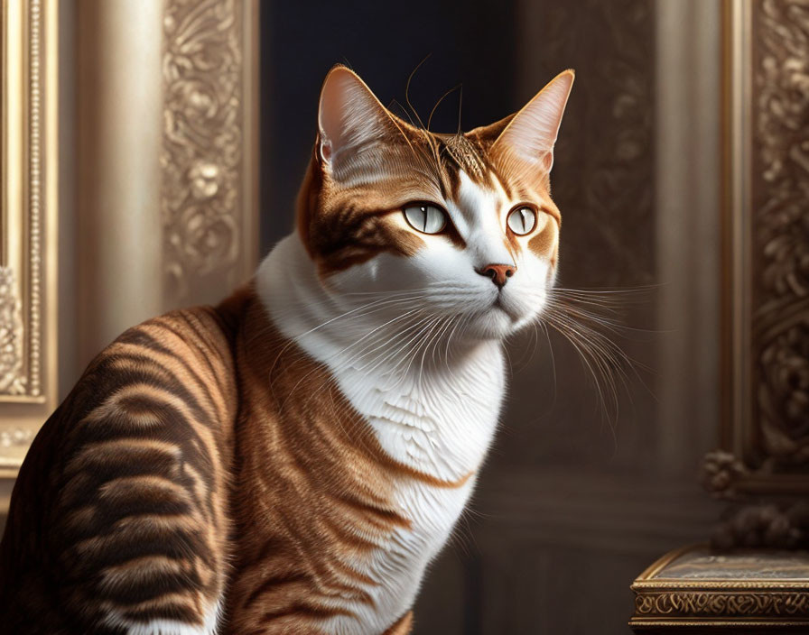 Striking Orange and White Cat with Unique Markings in Ornate Room