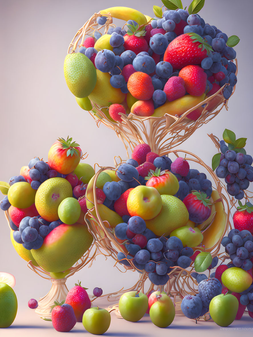 Colorful Fruit Trees with Baskets Canopies Overflowing with Apples, Strawberries, and Blue