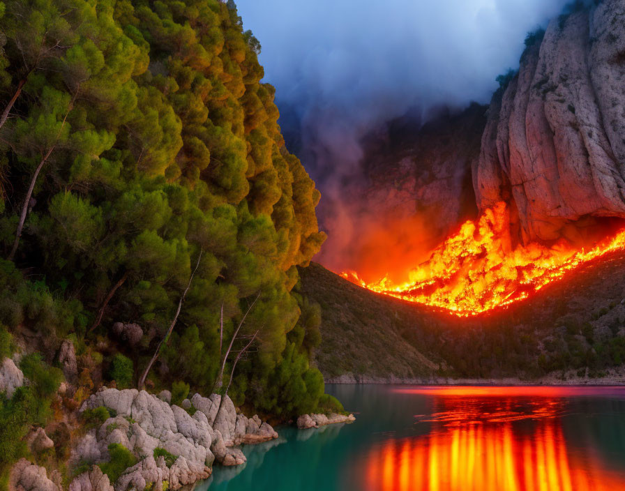 Wildfire near lake with reflections and smoke in overcast sky