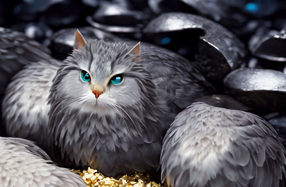 Grey cat with blue eyes in rocky and feathered setting