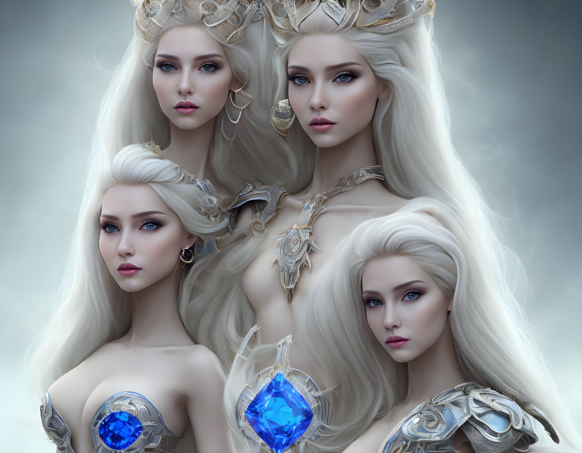 Four Fantasy Women with Platinum Blonde Hair and Golden Crowns on Misty Background