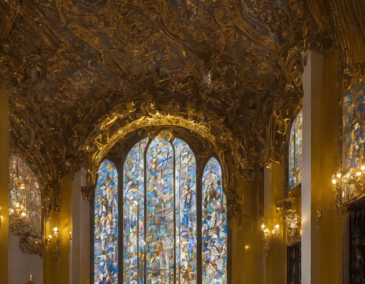 Opulent Baroque interior with golden ceiling and ornate stained glass window