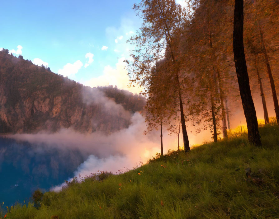 Tranquil lakeside sunrise scene with birch trees, grass, and mountain reflection