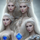 Four female fantasy characters in golden crown armor with blue gemstones on pale skin and white hair, set