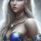 Four Fantasy Women with Platinum Blonde Hair and Golden Crowns on Misty Background