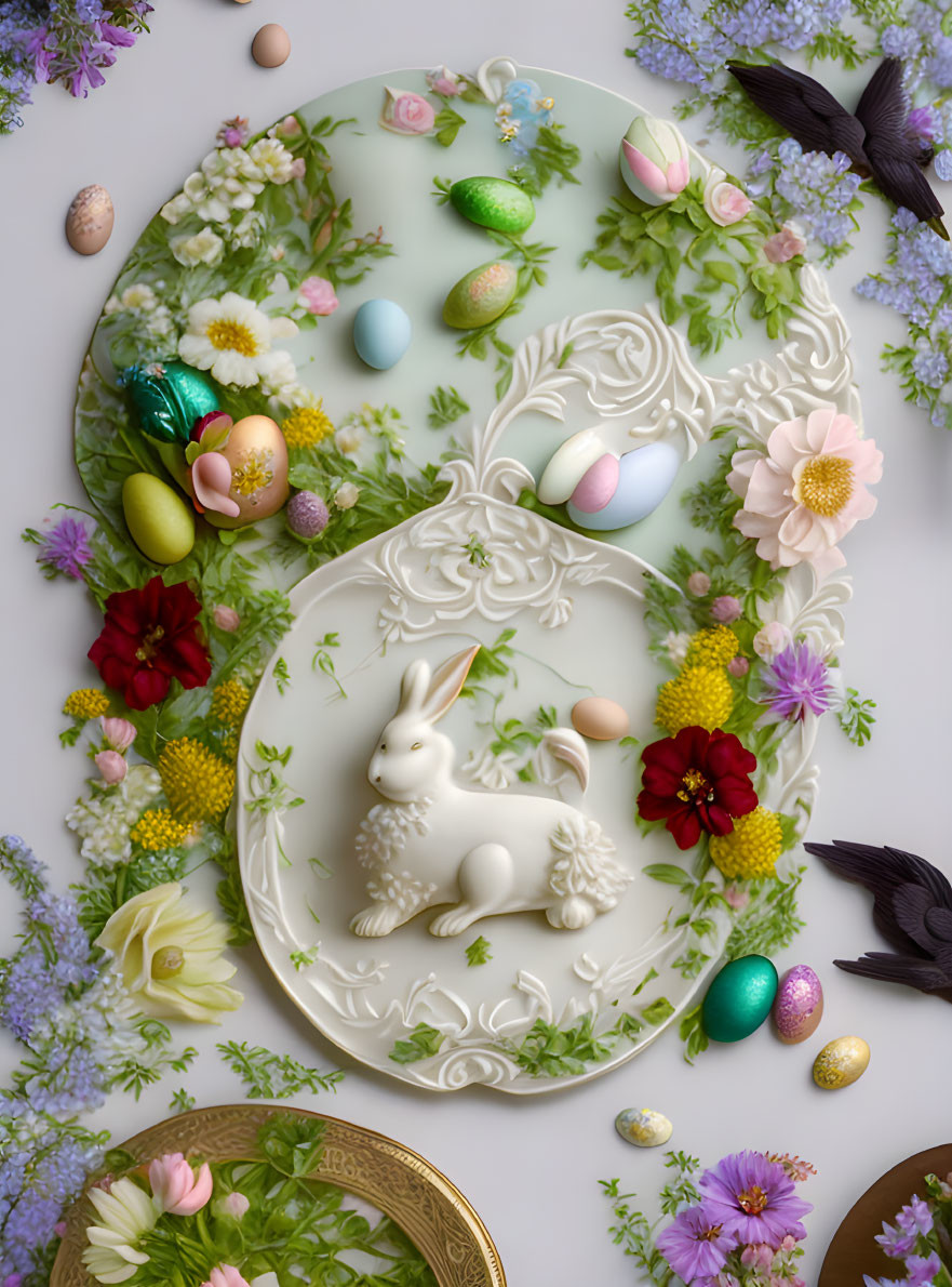 Floral and Fauna Easter Decor with Painted Eggs & Bunny