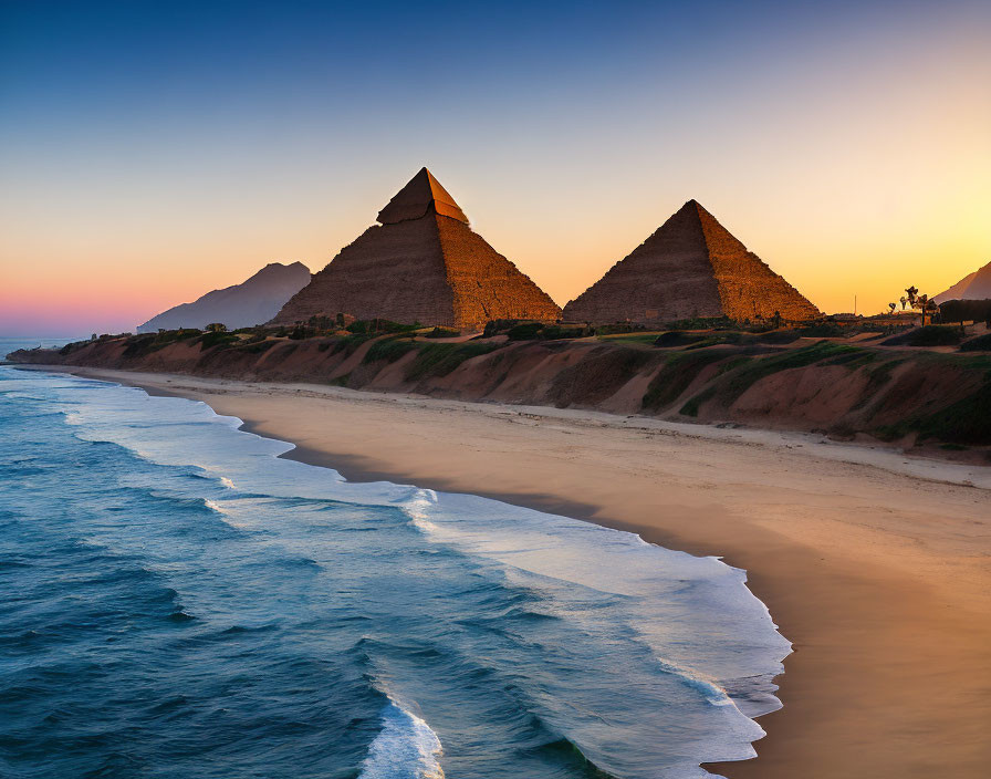 Beach sunset with Egyptian Pyramids and clear waves